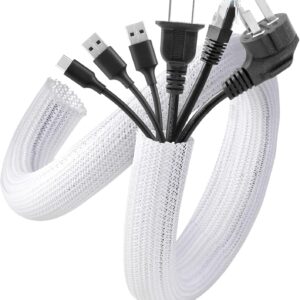 AGPTEK White Cable Sleeve, 2 Pack 5ft – 1.2 Inch Cable Management, Desk Cord Cover Organizer Wire Hider for Computer TV Wire Loom Tubing, Pet Proof Cord Protector from Cat Dog Chewing, White