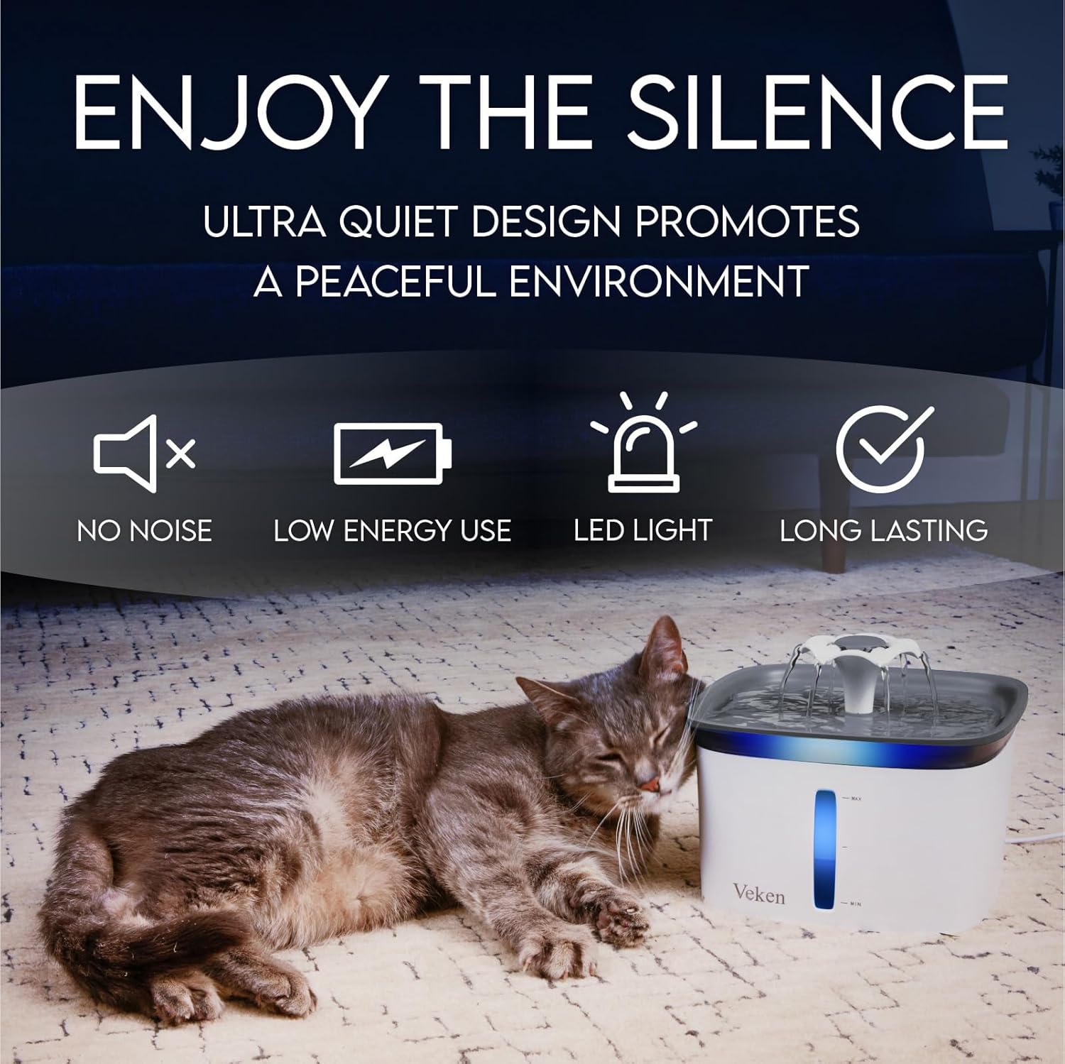 Veken Innovation Award Winner 95oz/2.8L Pet Fountain, Automatic Cat Water Fountain Dog Water Dispenser with Replacement Filters for Cats, Dogs, Multiple Pets (Grey, Plastic) - Image 6