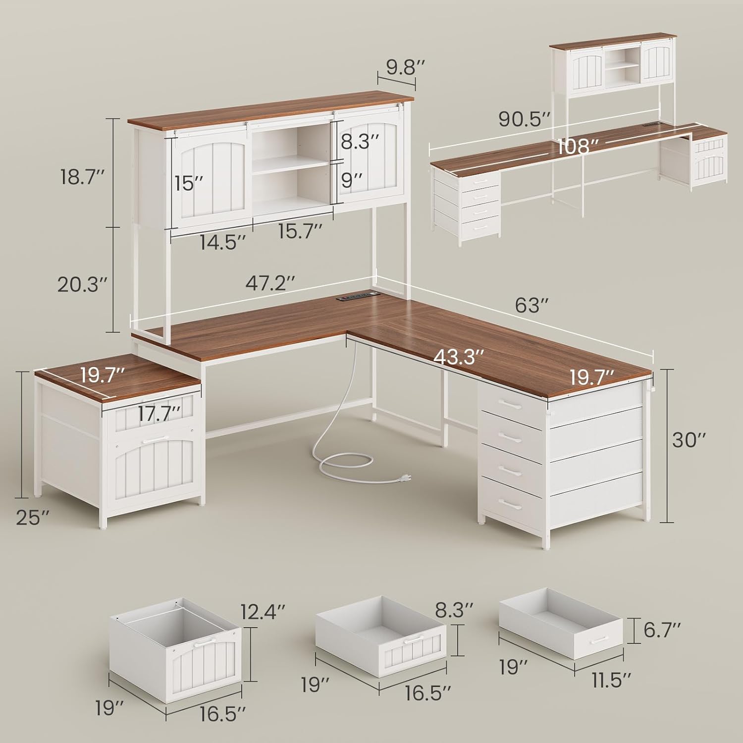 SEDETA Farmhouse L Shaped Office Desk with 6 Drawer, Reversible Computer Desk with Power Outlet, Hutch for Home Office/Two Person, Corner Desk with File Drawer & Printer Storage Shelves, White - Image 2