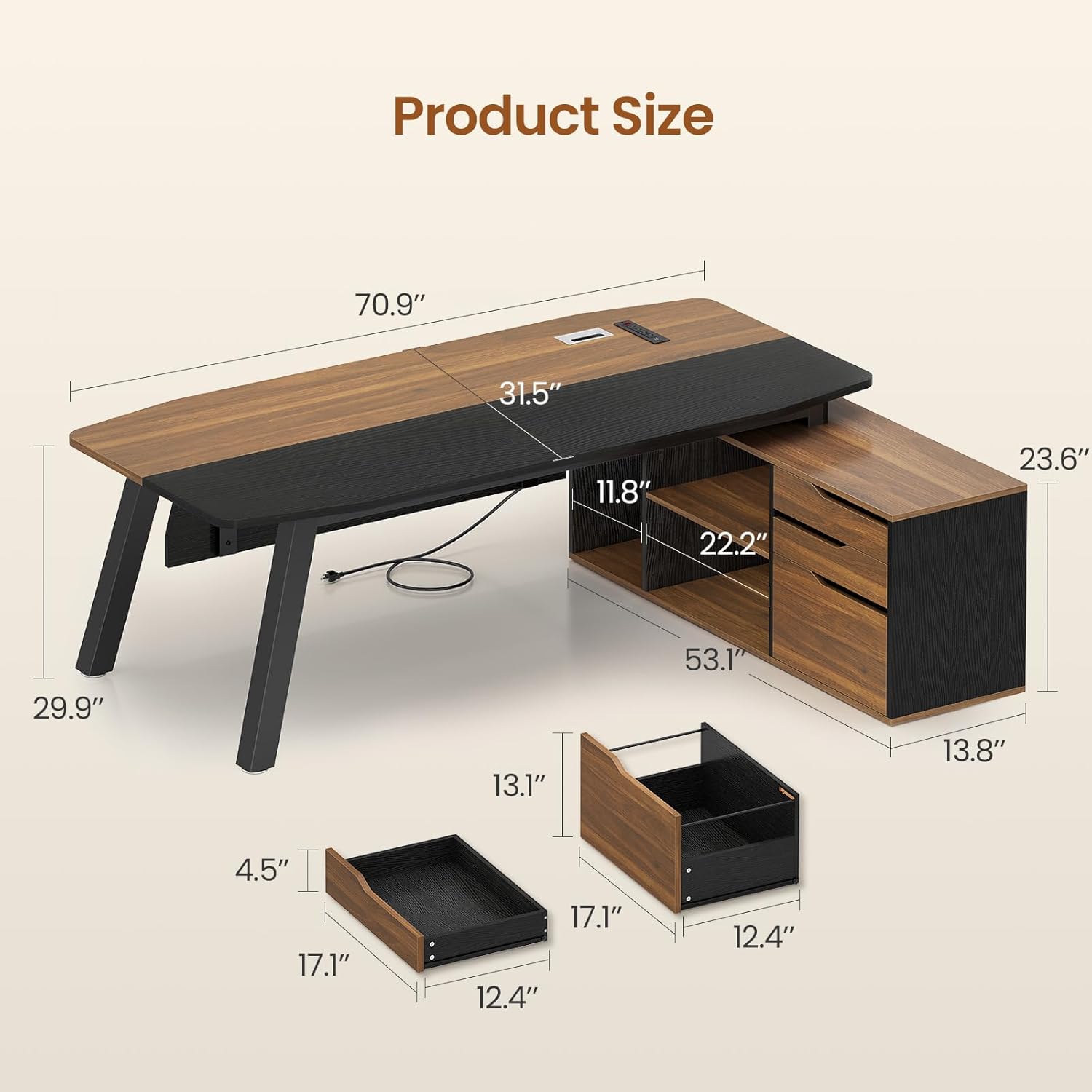 SEDETA 71" Executive Desk with File Cabinet, Large Office Desk with Drawers and Shelves, L Shaped Computer Desk with Power Outlets, Business Furniture Desk Workstation for Home Office, Walnut - Image 2
