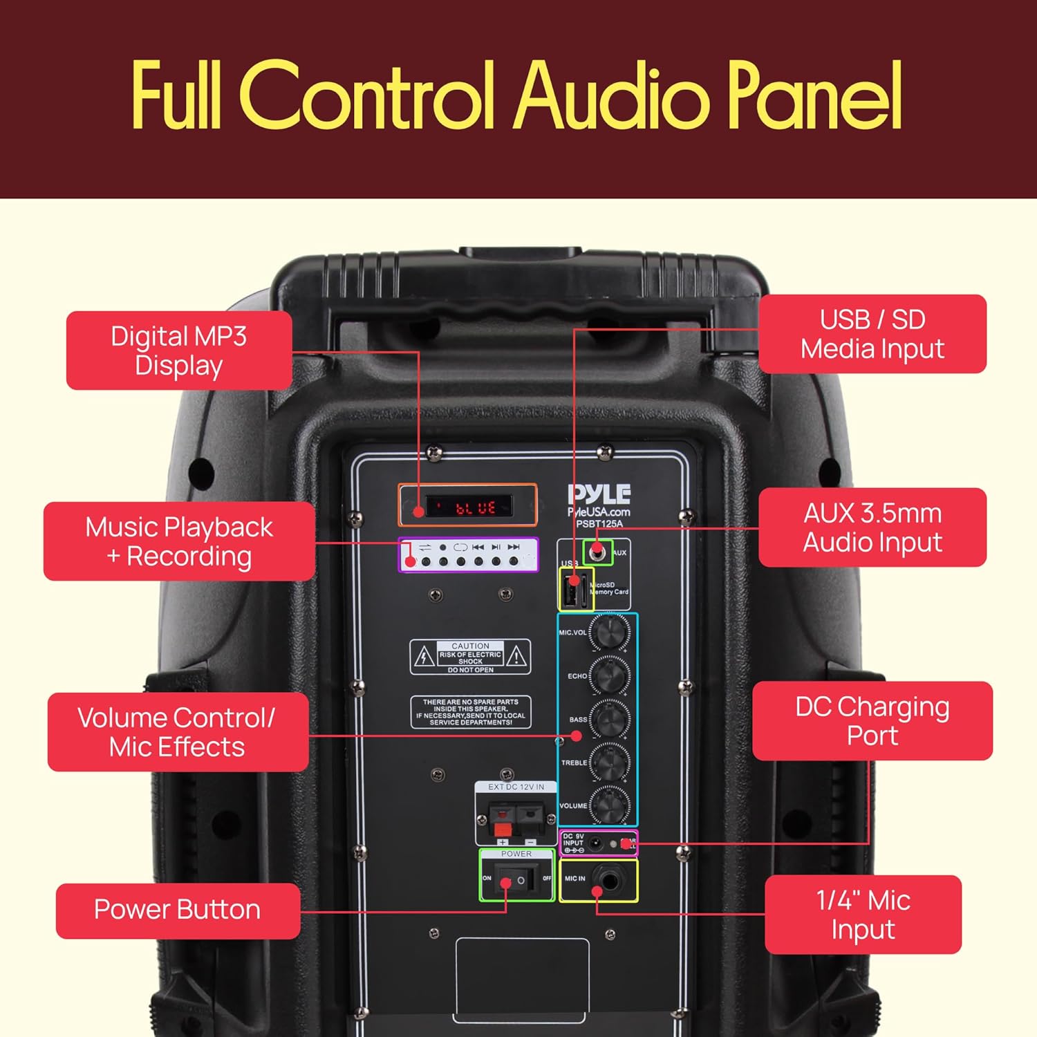 Pyle 1200W Portable Bluetooth PA Speaker - 12’’ Subwoofer, LED Battery Indicator Lights W/Built-In Rechargeable Battery, MP3/USB/SD Card Reader, and UHF Wireless Microphone - Pyle PSBT125A,Black - Image 7