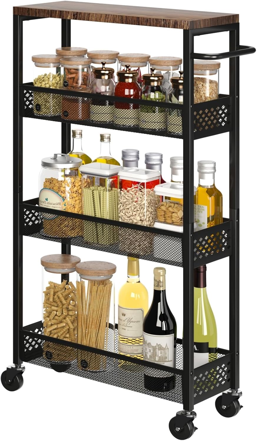 XYZLVSI Slim Storage Cart 4 Tier Narrow Kitchen Rolling Cart on Wheels for Small Space, Mobile Utility Cart Shelving Unit with Wooden Top and Metal Handle for Kitchen, Bathroom, Laundry Room - Image 9