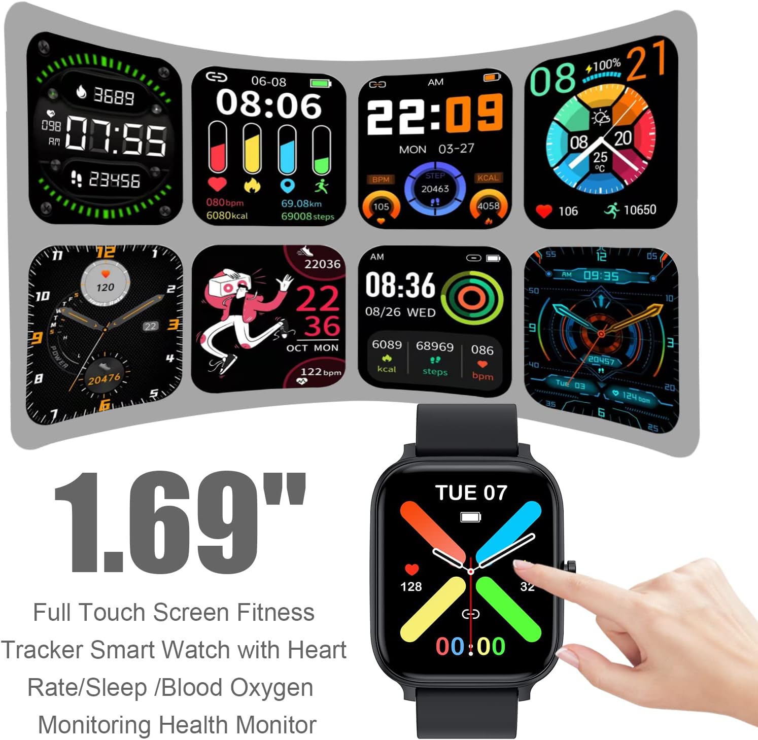 Smart Watch for Men Women Compatible with iPhone Samsung Android Phone 1.69 inch Full Touch Screen IP68 Waterproof Bluetooh Fitness Tracker Heart Rate/Sleep Monitor (Black) - Image 2