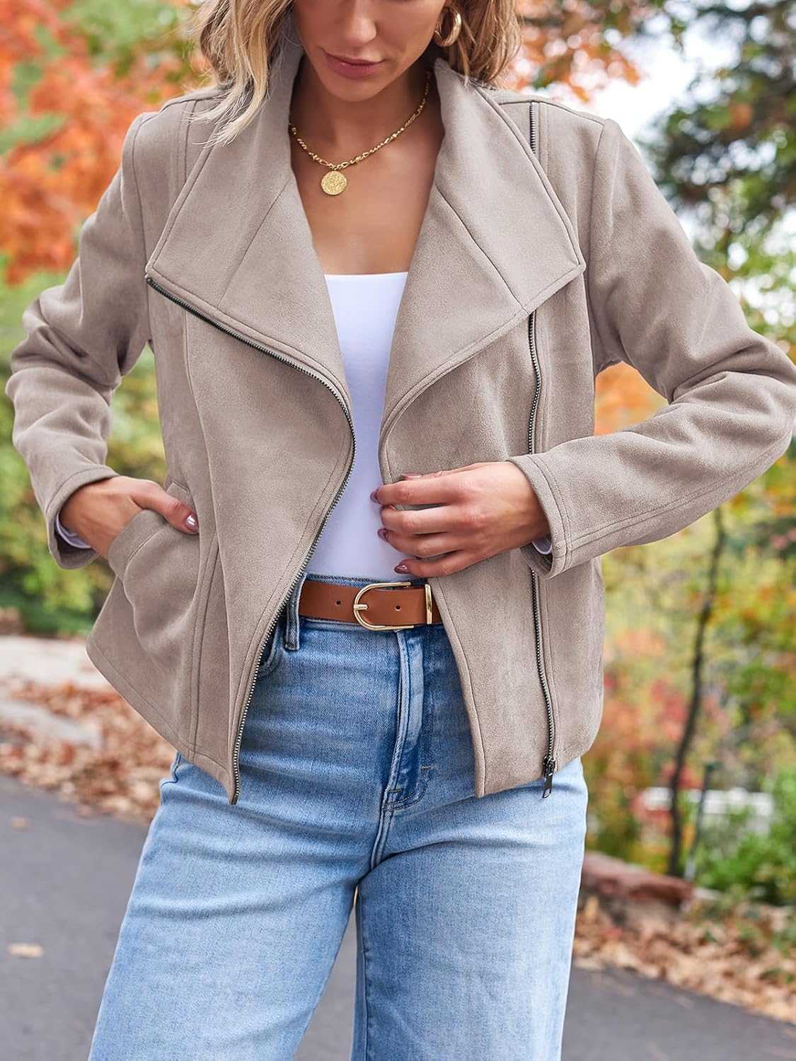 AUTOMET Women‘s Faux Suede Leather Jacket, Cropped Open Front Coat for Fall Winter Spring, Cardigan Style - Image 3