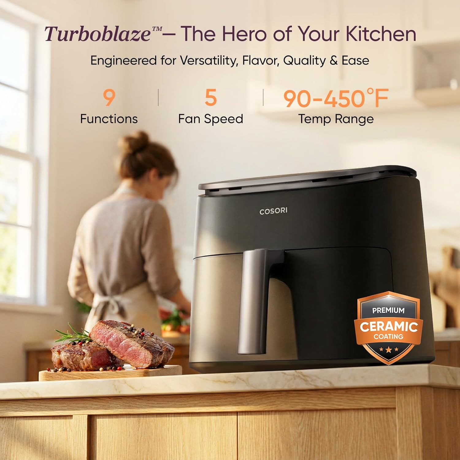 Cosori 9-in-1 TurboBlaze Air Fryer 6 Qt, PFAS-Free Ceramic Coating, 90°–450°F, Precise Heating for Even Results, Air Fry, Roast, Bake, Broil, Dry, Frozen, Proof, Reheat, Keep Warm, 120V, Dark Gray - Image 2
