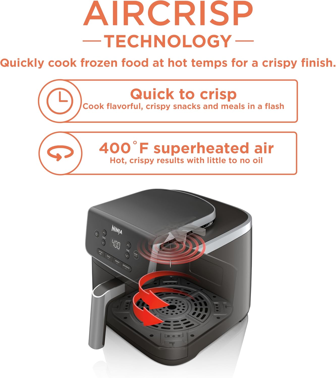 Ninja Air Fryer with Air Crisp | 5 QT Capacity fits up to 4lbs of Fries | 4-in-1 Pro Air Fry, Roast, Reheat, Dehydrate | 400°F Max Temp | 1750 Watts | W/Nonstick Basket & Crisper Plate | Grey | AF141 - Image 2