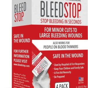 BleedStop™ First Aid Powder for Blood Clotting, Trauma Kit, Blood Thinner Patients, Camping Safety, and Survival Equipment for Moderate to Severe Bleeding Wounds or Nosebleeds – 4 (15g) Pouches
