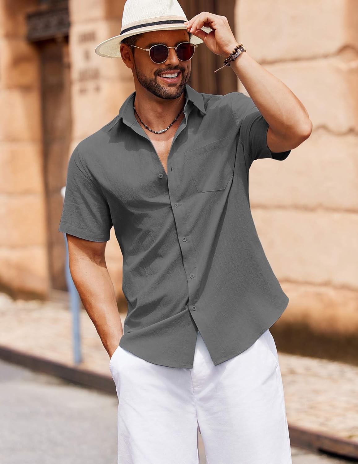 COOFANDY Men's Button Down Short Sleeve Shirt Casual Cotton Summer Beach Linen Wedding Shirts with Pocket - Image 3