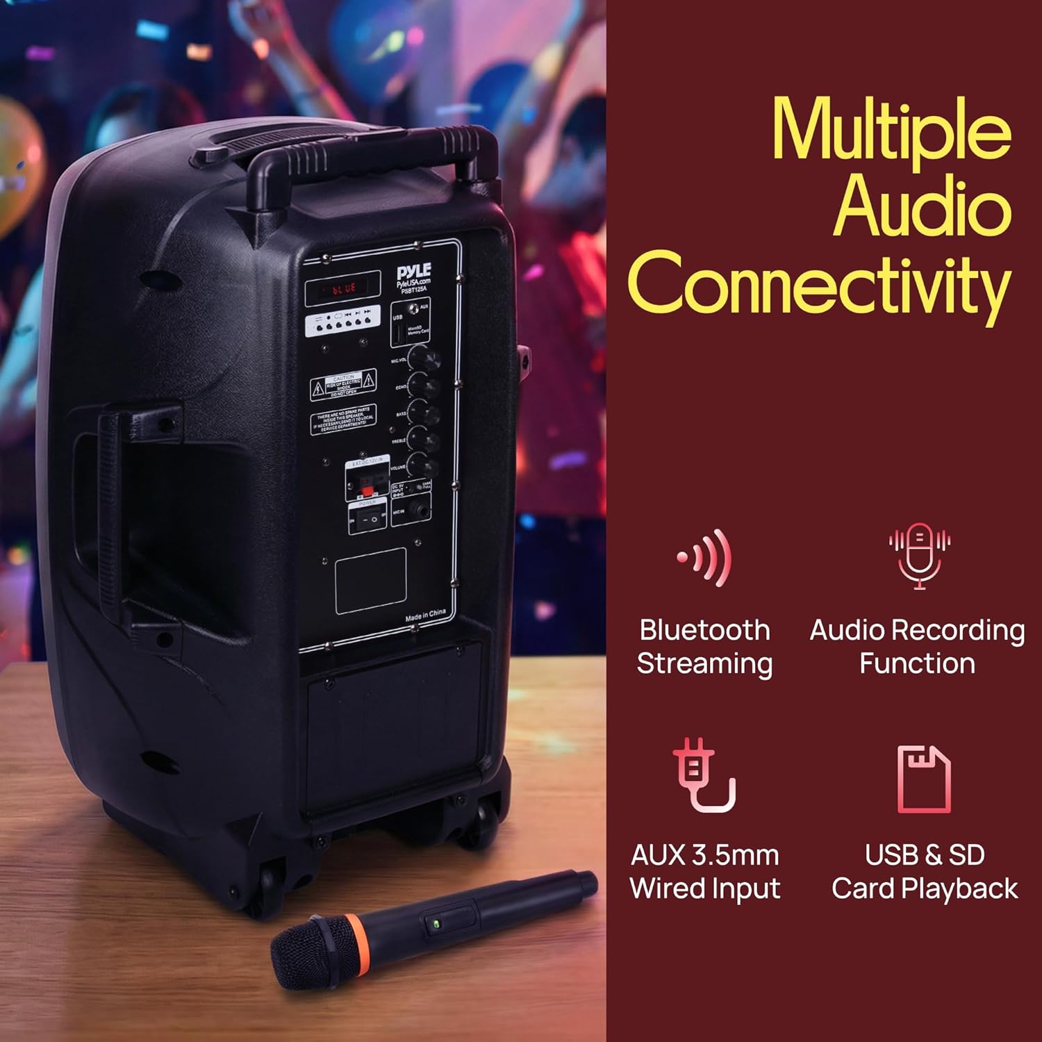 Pyle 1200W Portable Bluetooth PA Speaker - 12’’ Subwoofer, LED Battery Indicator Lights W/Built-In Rechargeable Battery, MP3/USB/SD Card Reader, and UHF Wireless Microphone - Pyle PSBT125A,Black - Image 5