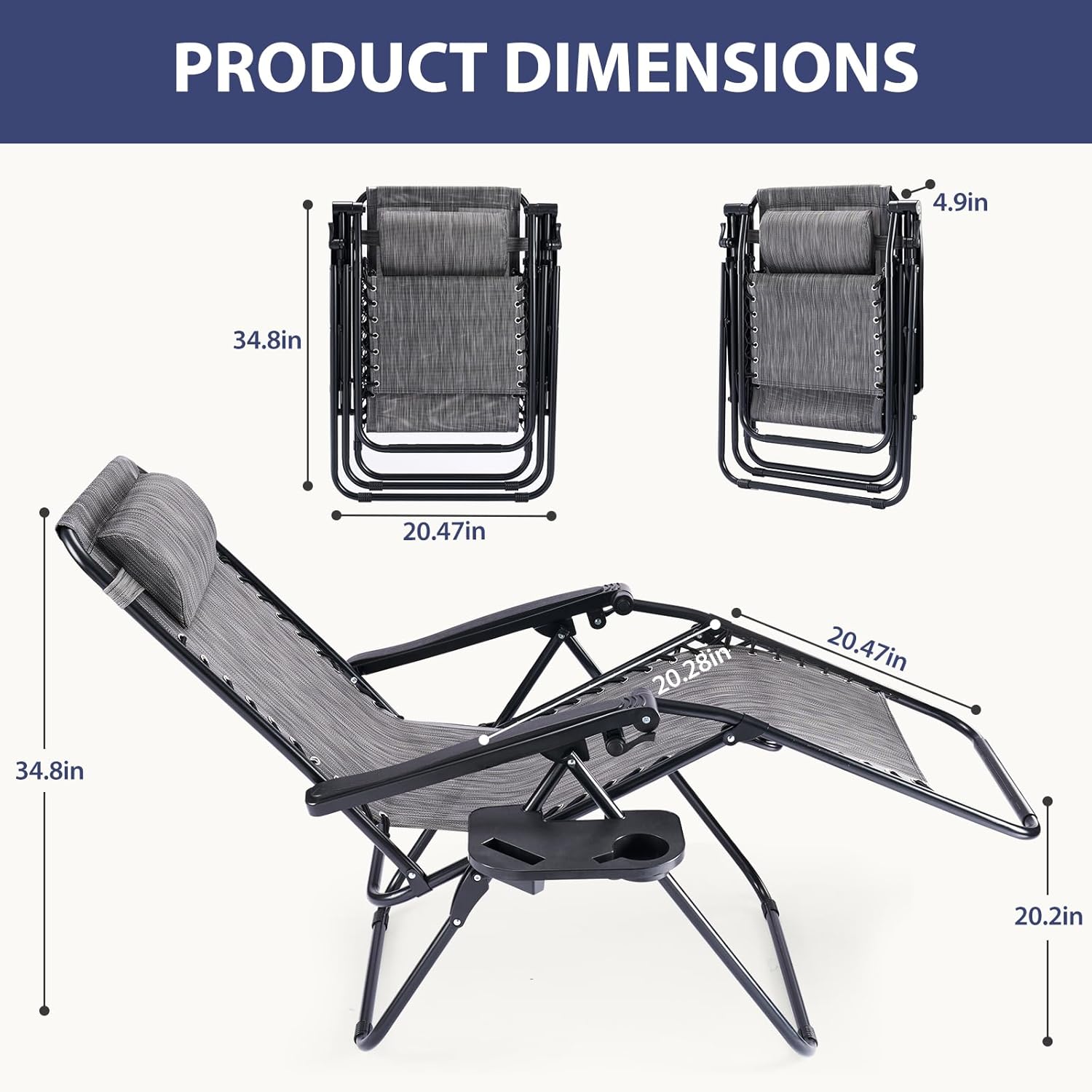 Sweetcrispy Zero Gravity Chairs, Set of 2 Portable Recliner Beach Camping Patio Outdoor Folding Lounge Chair with Cup Holder Trays and Adjustable Pillow for Poolside, Garden, Backyard, Lawn (Grey) - Image 3