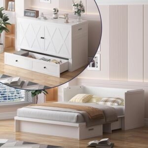 ijuicy Murphy Bed Queen with Mattress, Modern Murphy Cabinet Bed with Storage & Multifunctional Charging Station, Space-Saving Beds for Guest Bedroom, Living Room (White)