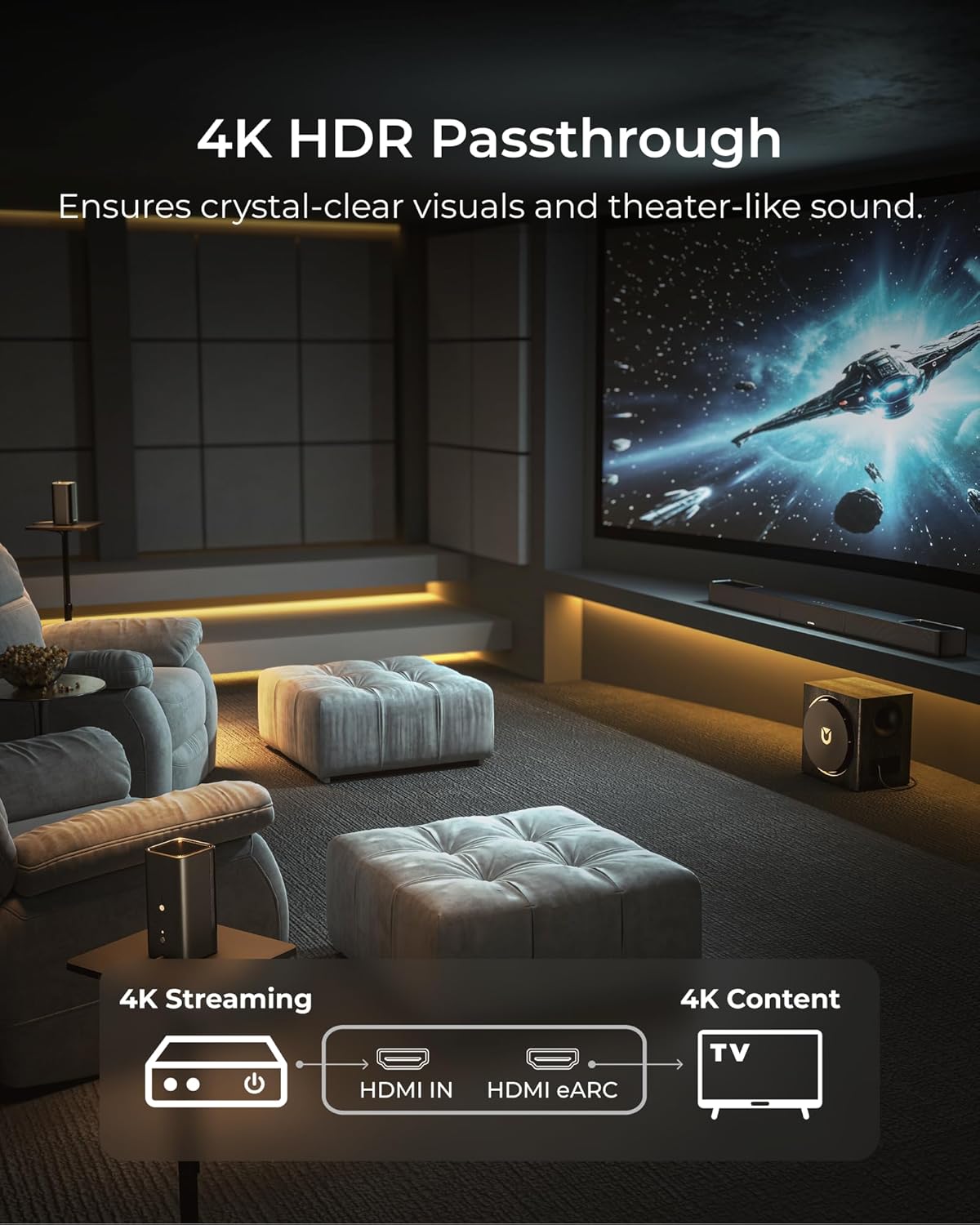 ULTIMEA Skywave X50 5.1.4ch Wireless Surround Sound System for TV, 760W Professional Sound Bar w/Dolby Atmos, 2 Wireless Surround Speakers & 8" Subwoofer, GaN Amplifier, 4K HDR Pass-Through, HDMI eARC - Image 6