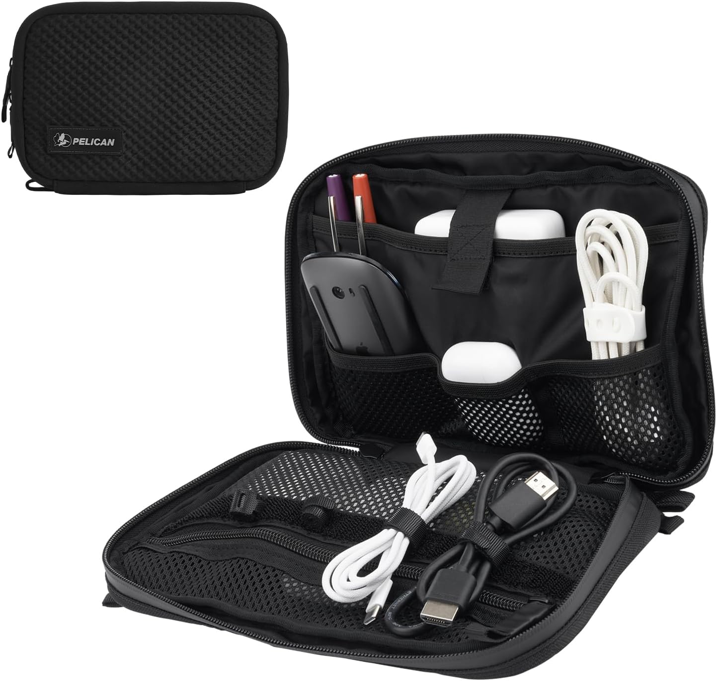 Pelican Electronic Organizer Travel Case - Portable Storage Bag with Multiple Storage Mesh Pockets for Cables, Chargers, Power Bank, AirPods - Black