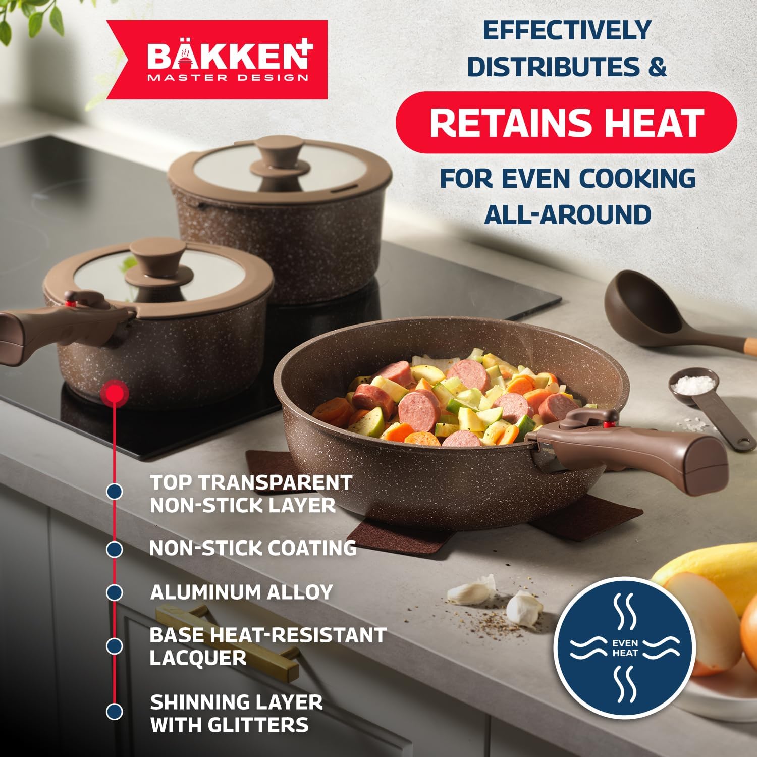 Bakken Master 38 Piece Granite Cookware and Bakeware Set – Nonstick Granite Coating, Pots and Pans with Detachable Handles and Tempered Glass Lids, 6-piece Bakeware set, 12-piece Mixing Bowls,Brown - Image 6