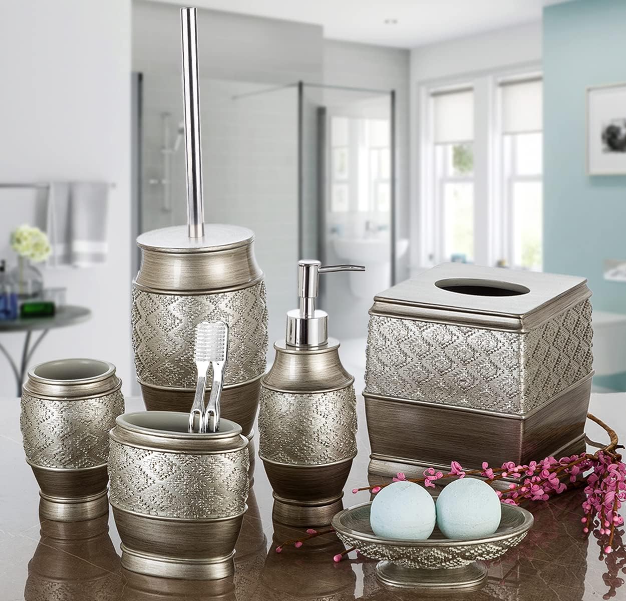 Creative Scents Dublin Silver Bathroom Accessory Set - Brushed Silver Bathroom Sets Accessories - 4 Piece Bathroom Set Includes: Soap Dispenser, Toothbrush Holder, Soap Dish and Tumbler - Image 5