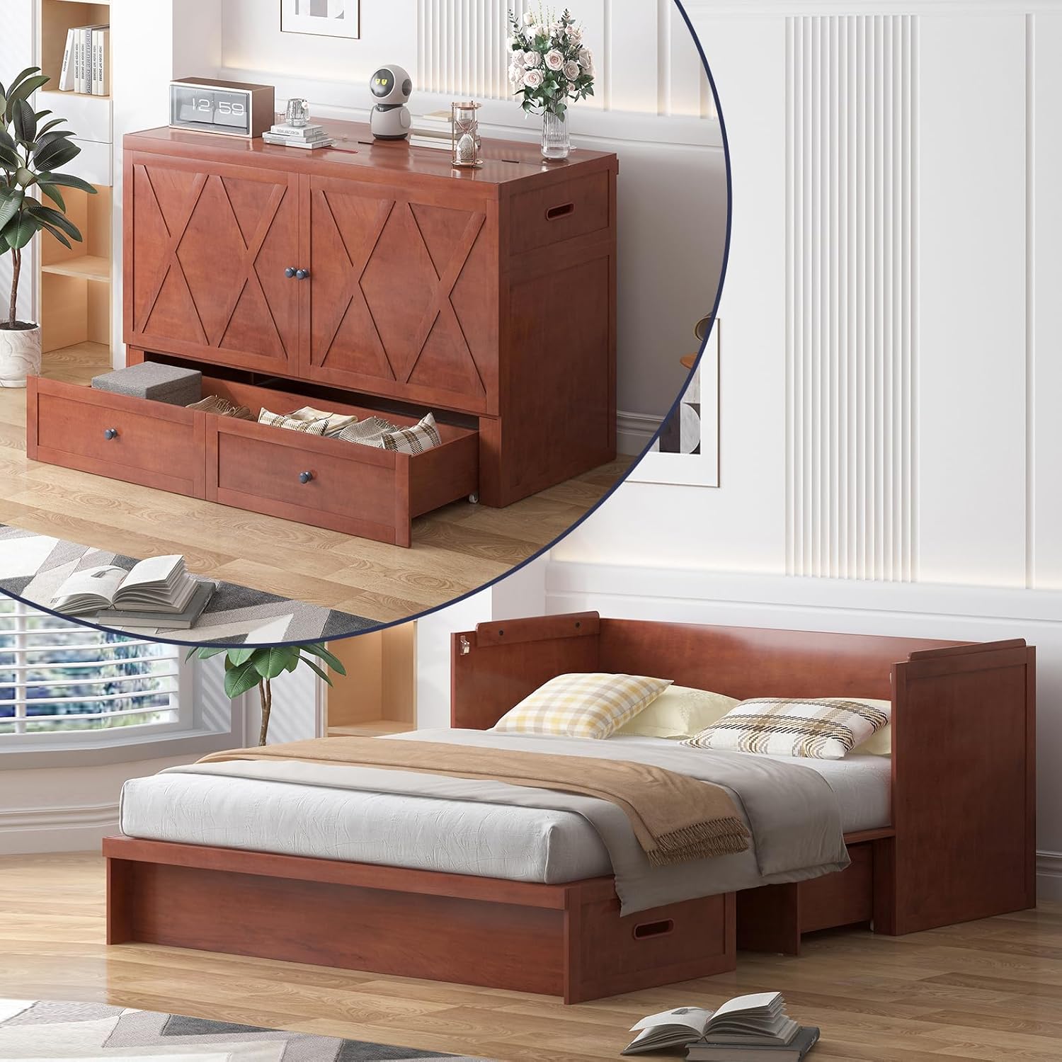 ijuicy Murphy Bed Queen with Mattress, Modern Murphy Cabinet Bed with Storage & Multifunctional Charging Station, Space-Saving Beds for Guest Bedroom, Living Room (Cherry)
