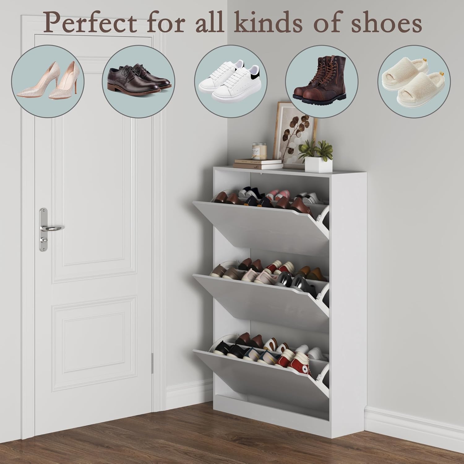 BORNOON Shoe Cabinet with 3 Flip Drawers, Hidden Wood Shoe Cabinet,Freestanding Shoe Storage Cabinet for Entryway Hallway.White. 47.2" H*31.5" W*9.45" D. - Image 4