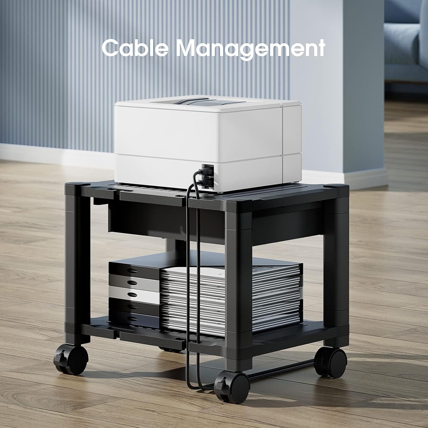 HUANUO Printer Stand with Cable Management and Storage Drawer, Printer Table with Locking Wheels, 14.1-inch Maximum Height Printer Cart for Under Desk, Home, Office, HNDPS - Image 7