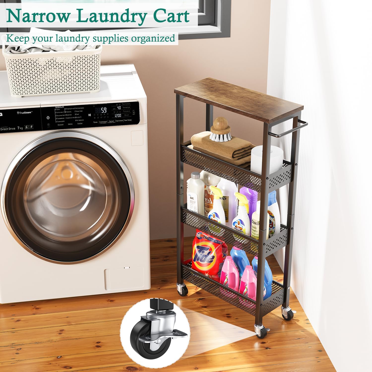 XYZLVSI Slim Storage Cart 4 Tier Narrow Kitchen Rolling Cart on Wheels for Small Space, Mobile Utility Cart Shelving Unit with Wooden Top and Metal Handle for Kitchen, Bathroom, Laundry Room - Image 4