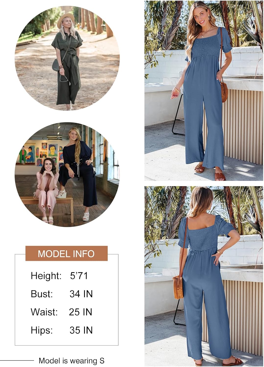Dokotoo Jumpsuits for Women 2026 Summer Lantern Sleeves Rompers Wide Leg Casual Overalls with Pockets - Image 4