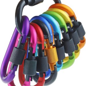 10 Pack Aluminum D Ring Key Rings Hiking Clips Locking Carabiner for Hiking Camping Fishing and Outdoor Use，Clips with Screw Gate Multicolored
