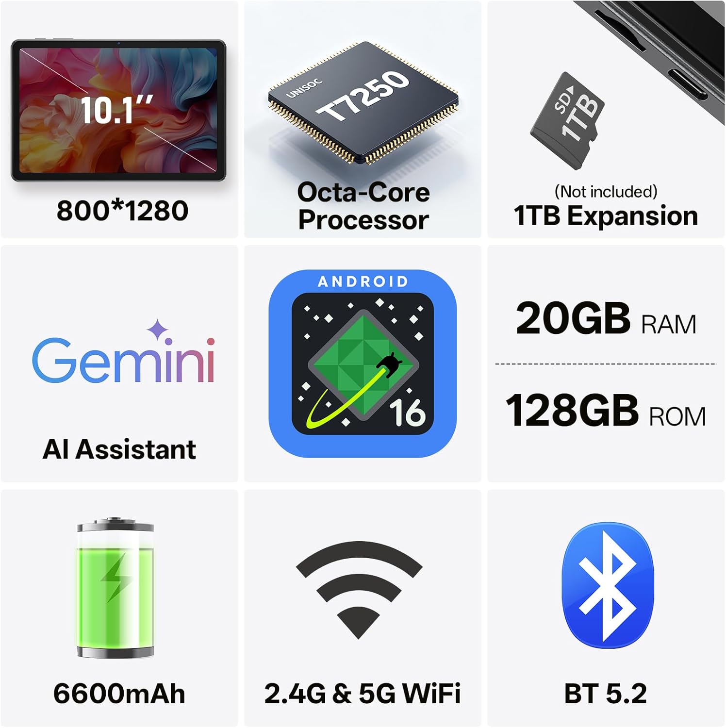 Android 16 Tablet 10.1 inch Tablet with Octa-Core Processor, 20GB RAM 128GB ROM 1 TB Expandable, 1280x800 HD IPS Touch Screen, GPS, 8H Battery, WiFi 6, BT 5.2, Dual Camera (Gray) - Image 2