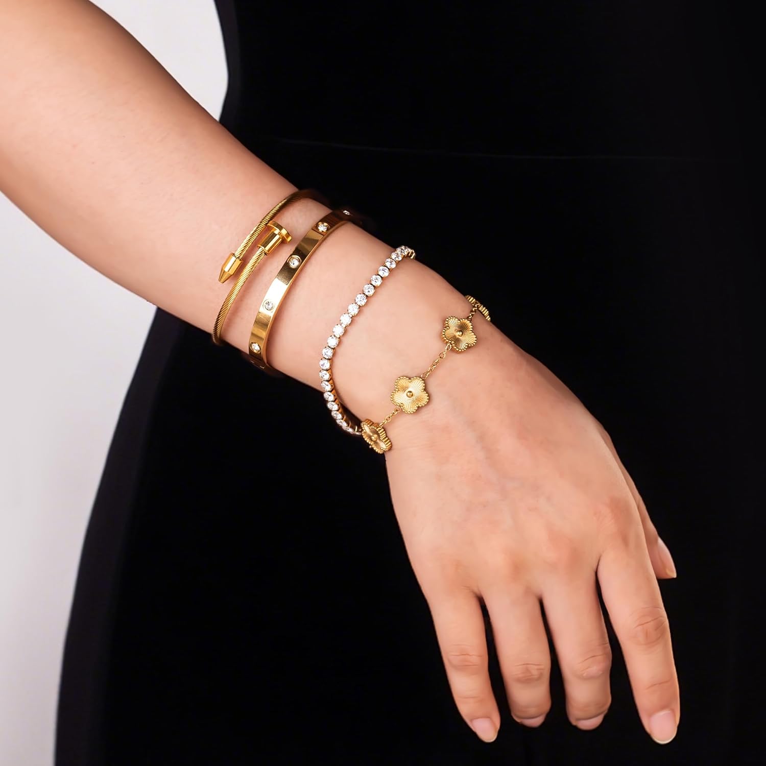 18K Gold Plated Bangle Bracelet Set for Women Stackable Lucky Floral Adjustable Tennis Bracelet Non Tarnish Gift Jewelry for Christmas Valentines Birthday Mother's Day - Image 6