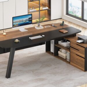 SEDETA 71″ Executive Desk with File Cabinet, Large Office Desk with Drawers and Shelves, L Shaped Computer Desk with Power Outlets, Business Furniture Desk Workstation for Home Office, Walnut