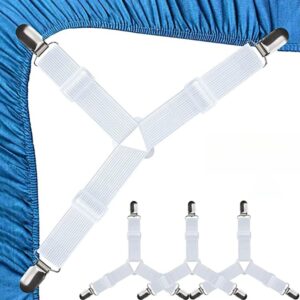 4 Pcs Bed Fitted Sheet Fasteners, Adjustable Mattress Cover Straps with Metal Clips, Elastic Bed Corner Holders, Non Slip Sheet Clips (White)