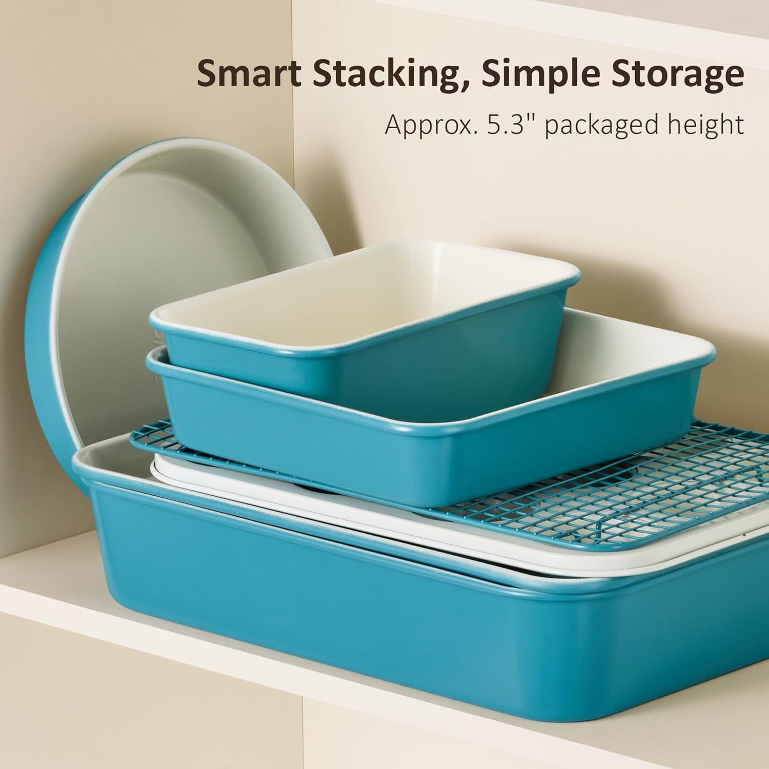 CAROTE 7-Piece Ceramic Baking Pans Set, Aluminized Steel Bakeware Sets, Toxin-Free Nonstick Stackable Oven Pans with Cookie Sheet, Muffin Pan, Loaf Pan, Roasting Pan, Cake Pans, Cooling Rack - Image 6