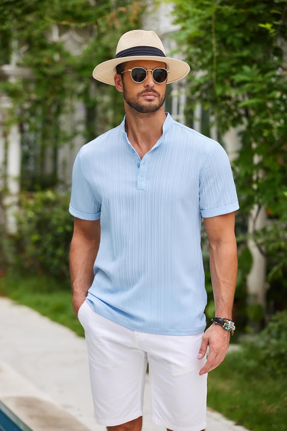 COOFANDY Men Casual Henley Tee Shirt Short Sleeve Band Collar Summer Beach Textured T-Shirt - Image 2