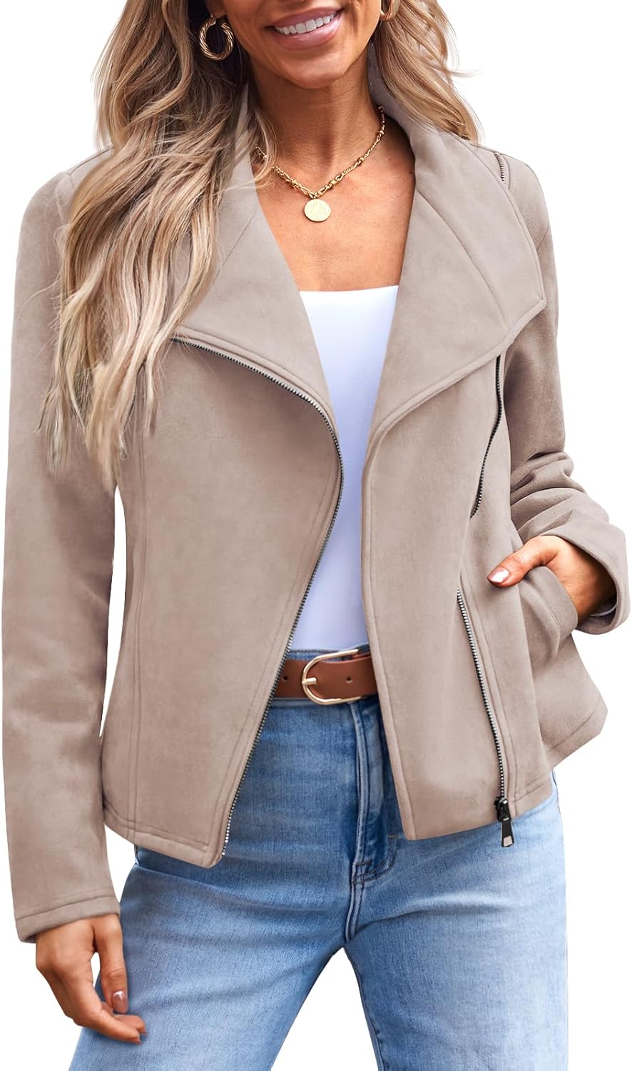 AUTOMET Women‘s Faux Suede Leather Jacket, Cropped Open Front Coat for Fall Winter Spring, Cardigan Style