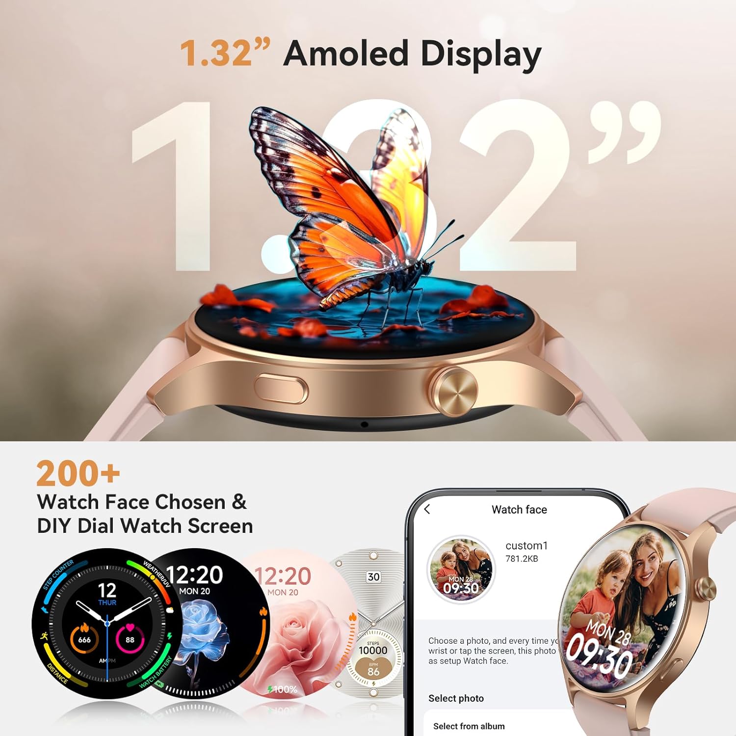 Smart Watch for Women, Answer/Make Call, 1.32'' AMOLED Ultra-Clear Screen Fitness Tracker with Heart Rate/Sleep/SpO2 Monitor, Smartwatch for iPhone/Samsung/Android, 110+ Sport Modes, 3ATM Waterproof - Image 4