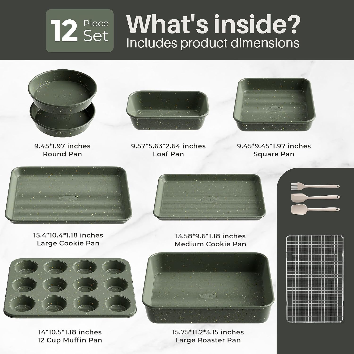 12-Piece Nonstick Baking Set, Non-Toxic Bakeware Sets with Baking Sheet, Cake Pan, Square Pan, Loaf Pan, Roasting Pan, Muffin Pan, Cookie Sheet, Cooling Rack & Kitchen Utensilss - Ceramic Coated Green - Image 2