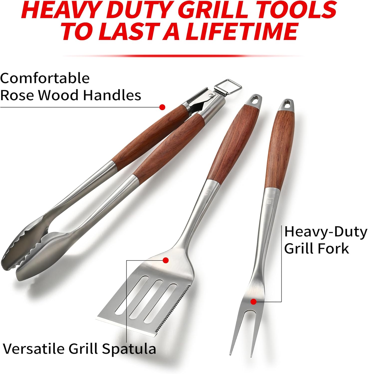 GRILAZ Heavy-Duty Rose Wooden BBQ Grilling Tools Set. Extra Thick Stainless Steel Multi-Function Spatula, Fork & Tongs | Essential Accessories for Barbecue & Grill. Ideal Gift for Father… - Image 2