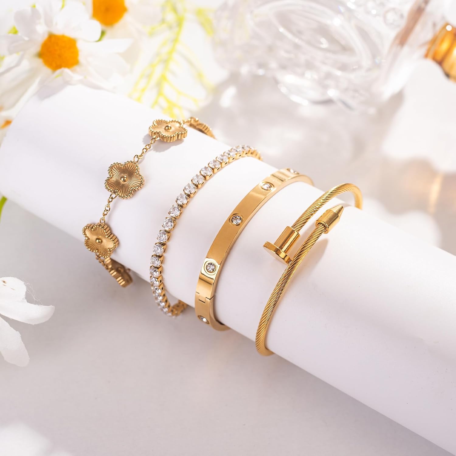 18K Gold Plated Bangle Bracelet Set for Women Stackable Lucky Floral Adjustable Tennis Bracelet Non Tarnish Gift Jewelry for Christmas Valentines Birthday Mother's Day - Image 7