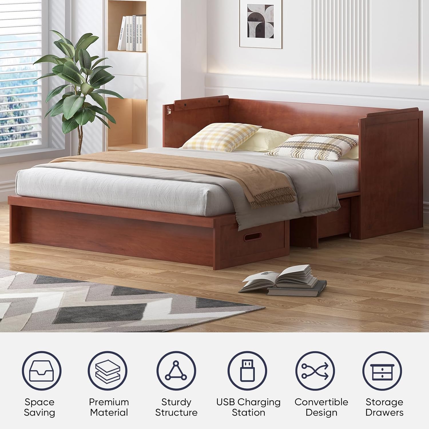 ijuicy Murphy Bed Queen with Mattress, Modern Murphy Cabinet Bed with Storage & Multifunctional Charging Station, Space-Saving Beds for Guest Bedroom, Living Room (Cherry) - Image 3