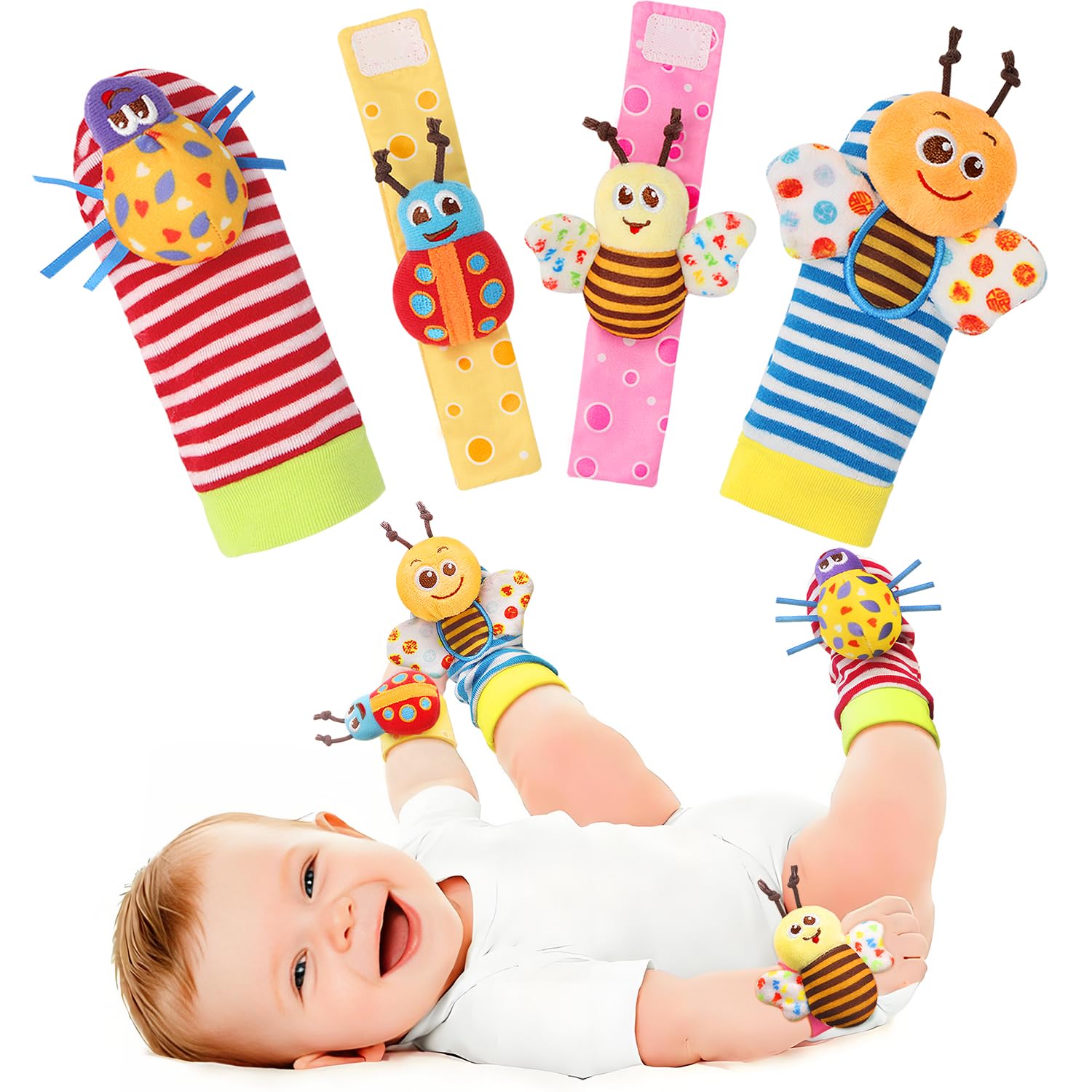Bloobloomax Wrist Rattle Socks and Foot Finder Set, Infant Girl Boy Toys for Babies 0-36 Months, Newborn Hand & Foot Toys for 0 to 3 Years, Baby Shower Gifts Set Mother's Day Gift