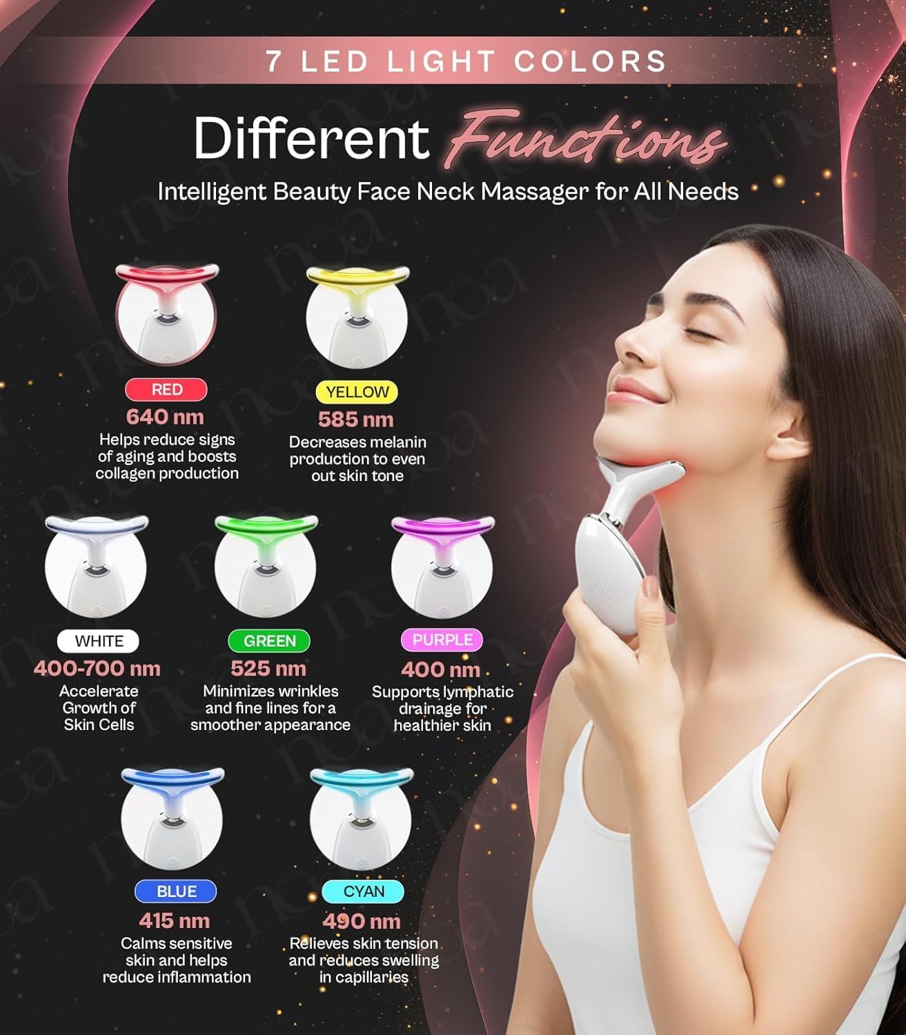 LuxeSkin 7 Color LED Red Light Therapy Facial Massager for Face and Neck, Electric Facial Tool for Skin Care with Vibration, Warm Mode & Travel Bag - Image 2