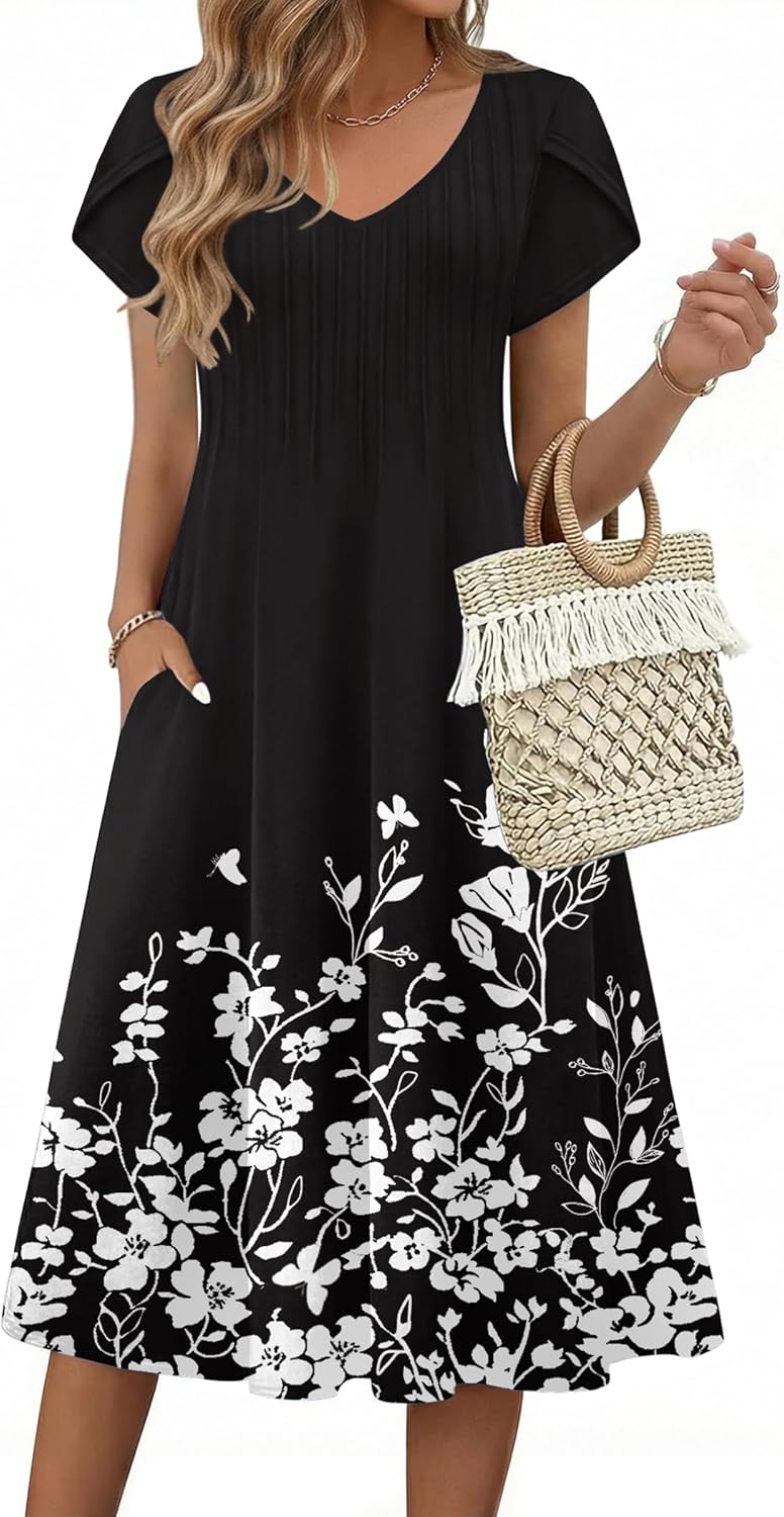 Zeagoo Womens Casual Summer Dress 2026 Short Sleeve Dresses Pleats Midi A Line Flowy Dress Boho Beach Sundress with Pockets