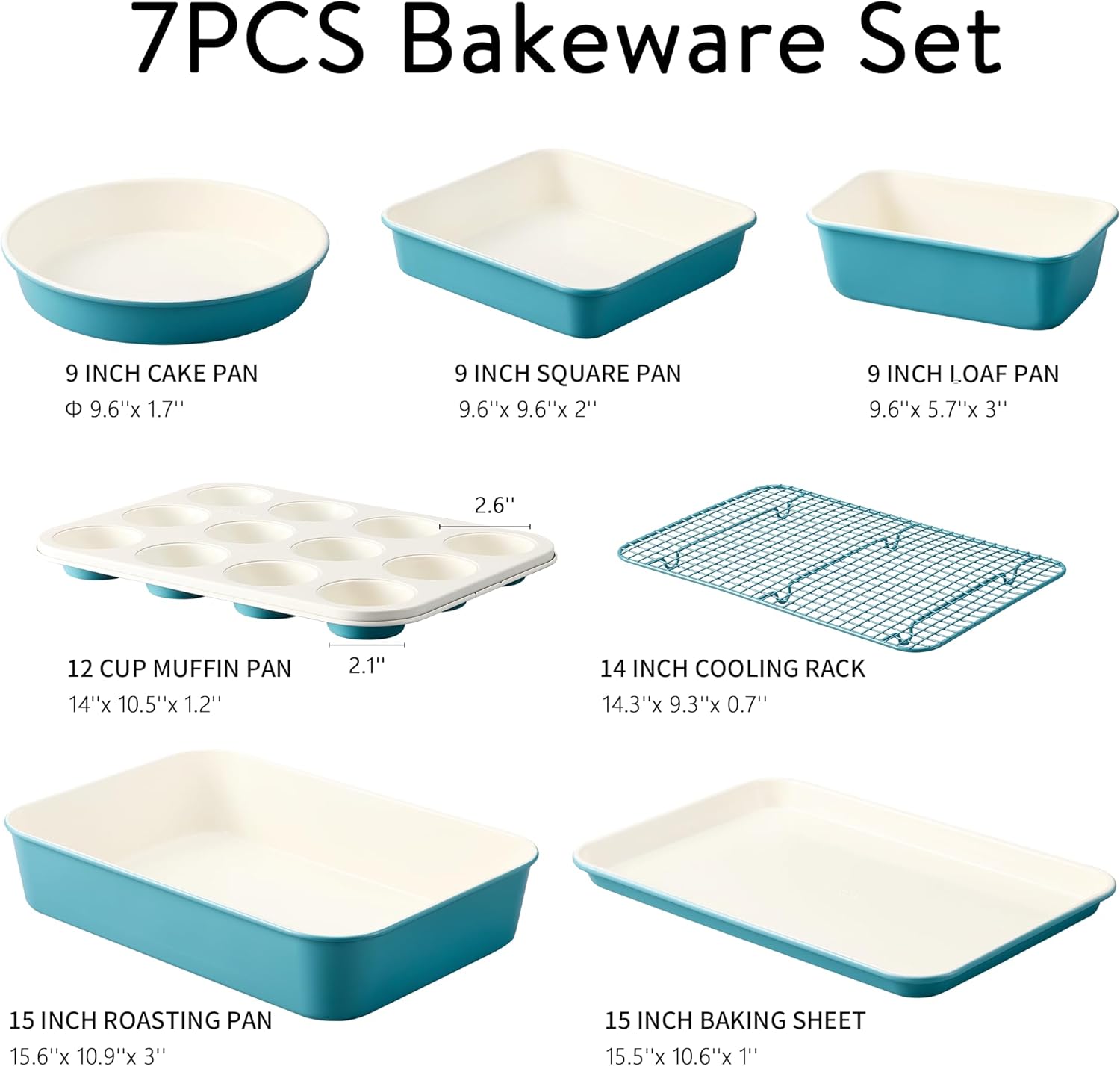 CAROTE 7-Piece Ceramic Baking Pans Set, Aluminized Steel Bakeware Sets, Toxin-Free Nonstick Stackable Oven Pans with Cookie Sheet, Muffin Pan, Loaf Pan, Roasting Pan, Cake Pans, Cooling Rack - Image 2