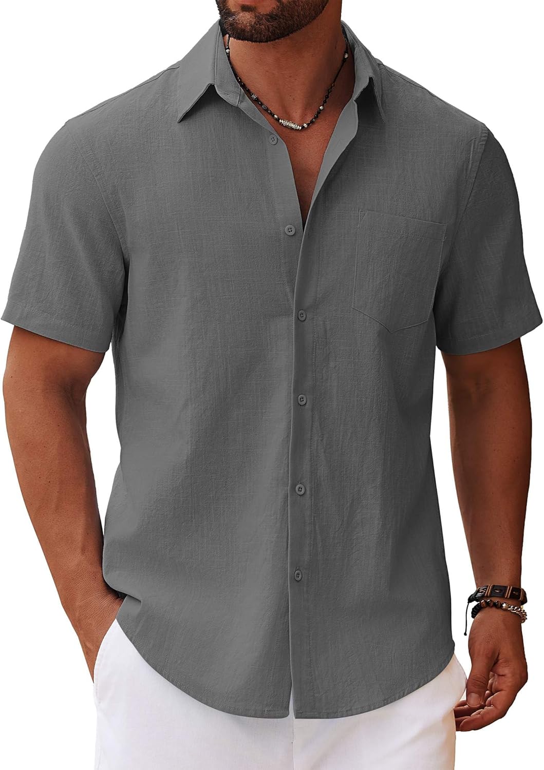 COOFANDY Men's Button Down Short Sleeve Shirt Casual Cotton Summer Beach Linen Wedding Shirts with Pocket