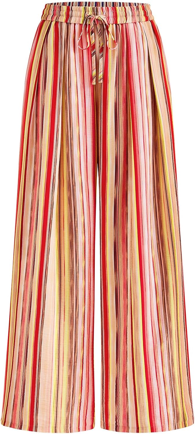 PRETTYGARDEN Womens Pants Elastic Waist Floral Lightweight Palazzo Pants for Women Casual Lounge Wide Leg Pants Woman