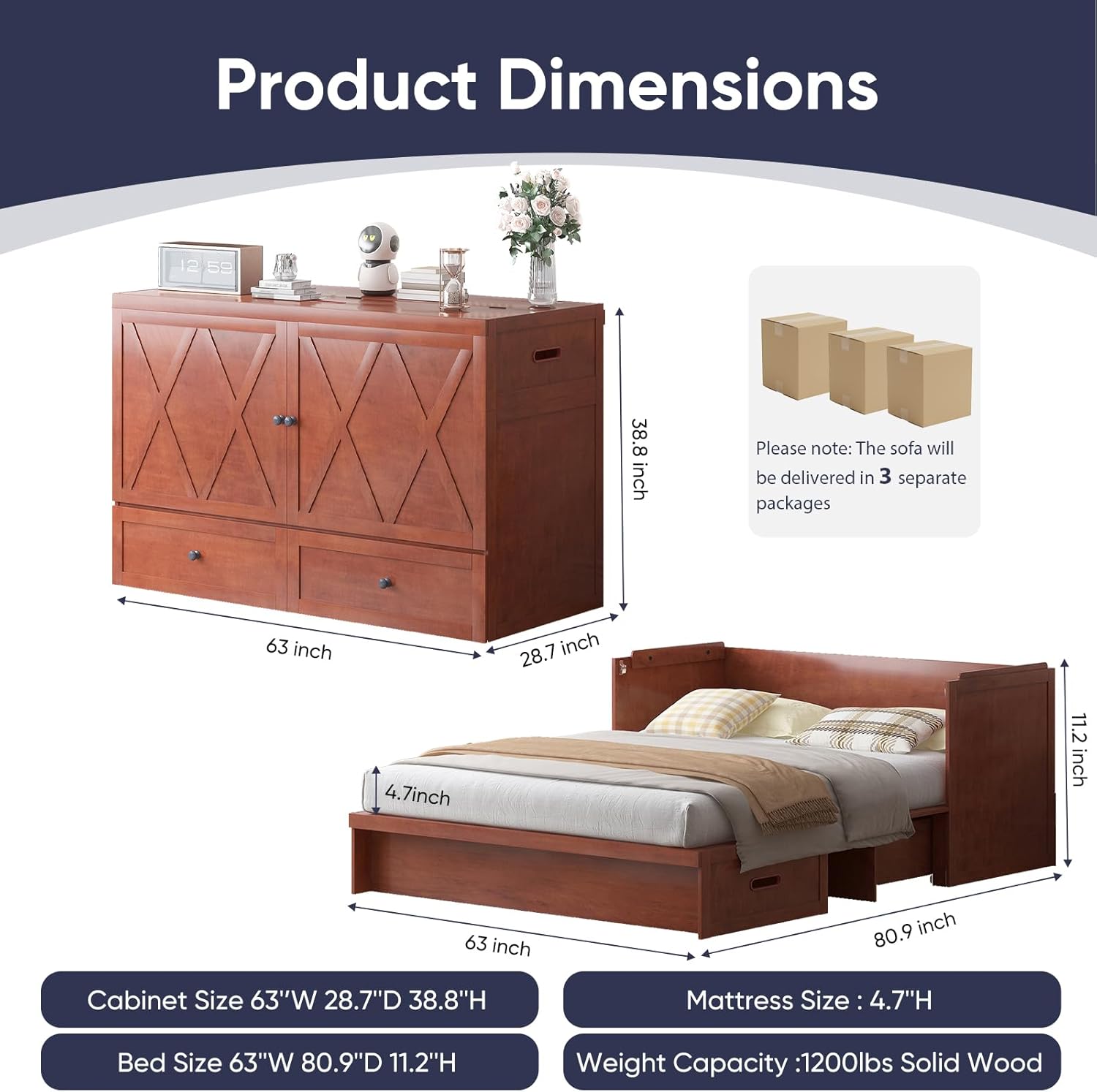 ijuicy Murphy Bed Queen with Mattress, Modern Murphy Cabinet Bed with Storage & Multifunctional Charging Station, Space-Saving Beds for Guest Bedroom, Living Room (Cherry) - Image 2