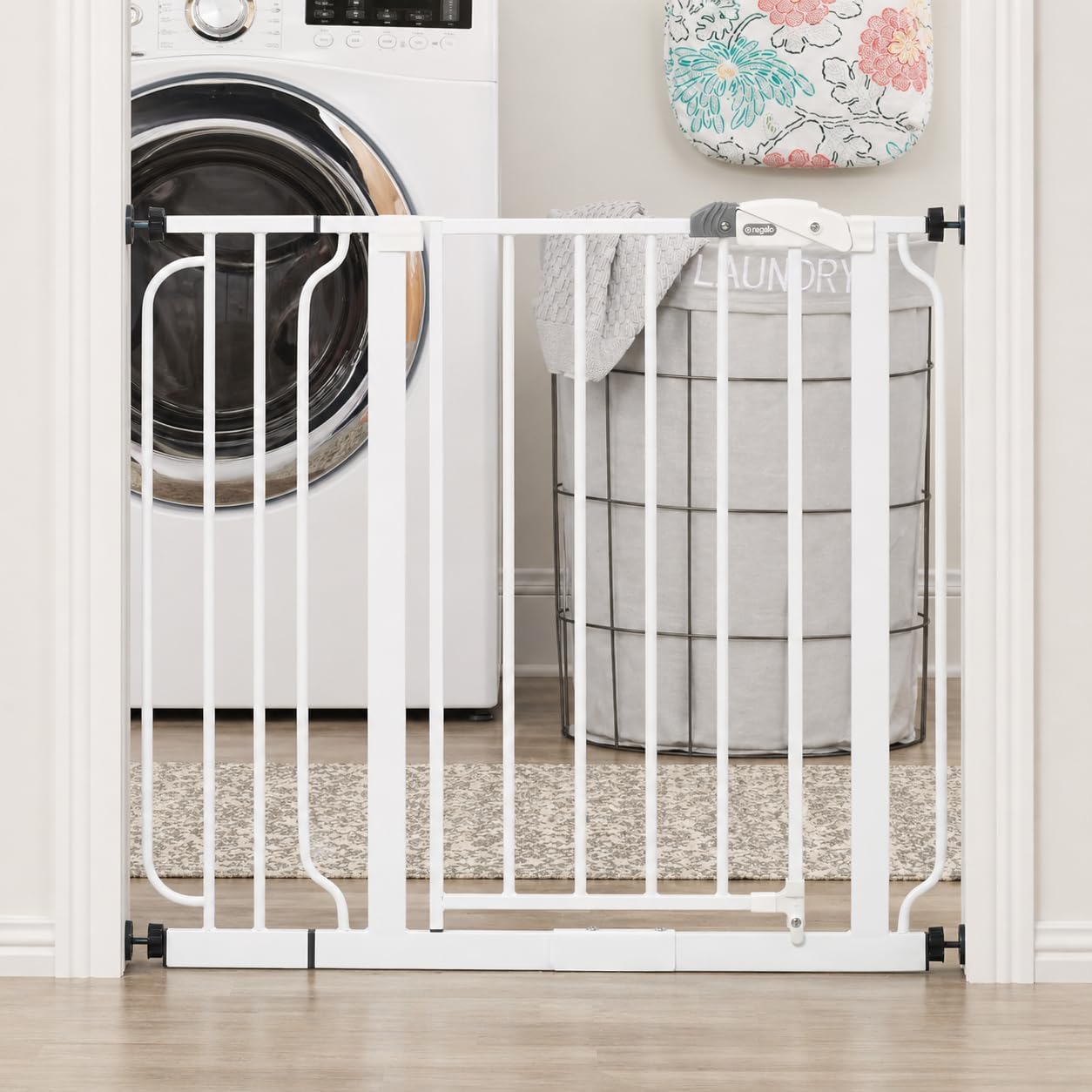 Regalo Safety 29-38.5" Baby Gate for Doorways & Bottom of Stairs, Pressure Mounted Baby Gate with Door for Babies, Toddlers & Pets, Tested & Safe for 30 Years, American Designed, American Owned, White
