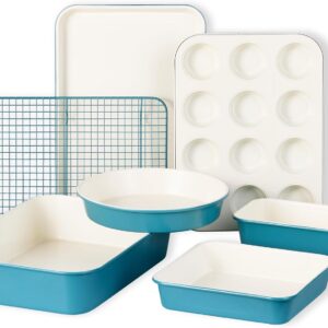 CAROTE 7-Piece Ceramic Baking Pans Set, Aluminized Steel Bakeware Sets, Toxin-Free Nonstick Stackable Oven Pans with Cookie Sheet, Muffin Pan, Loaf Pan, Roasting Pan, Cake Pans, Cooling Rack