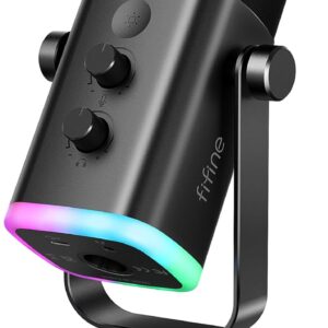 FIFINE USB/XLR Dynamic Microphone for Podcast Recording, PC Computer Gaming Streaming Mic with RGB Light, Mute Button, Headphones Jack, Desktop Stand, Vocal Mic for Singing YouTube-AmpliGame AM8