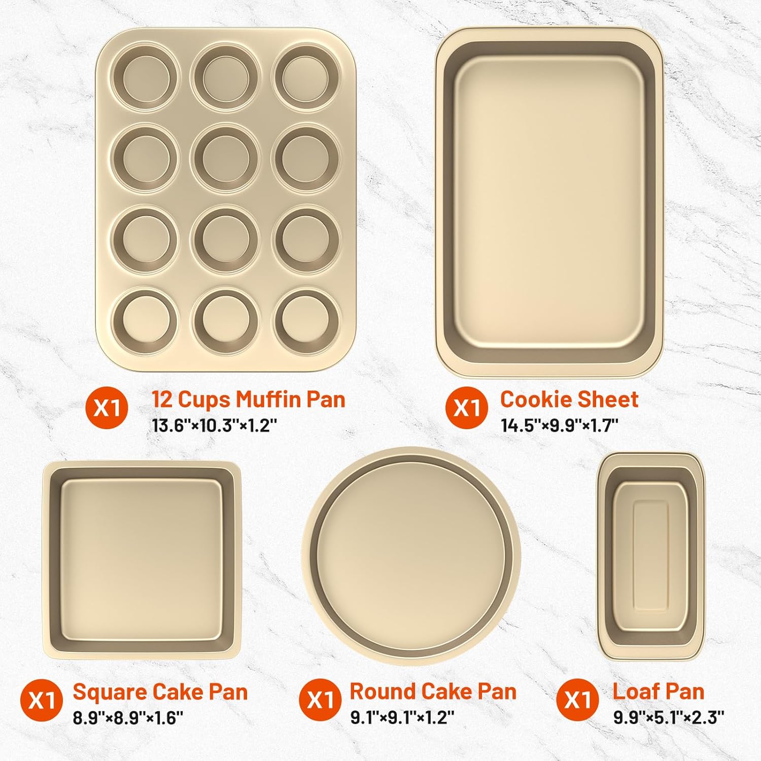 CasaCulina Baking Pans Set, 5-Piece Nonstick Bakeware Sets with Round/Square Cake Pan, Muffin Loaf Roast Pan, Baking Sheets for Oven, Kitchen Cookware Sets Baking Tray Baking Supplies, Gold - Image 2