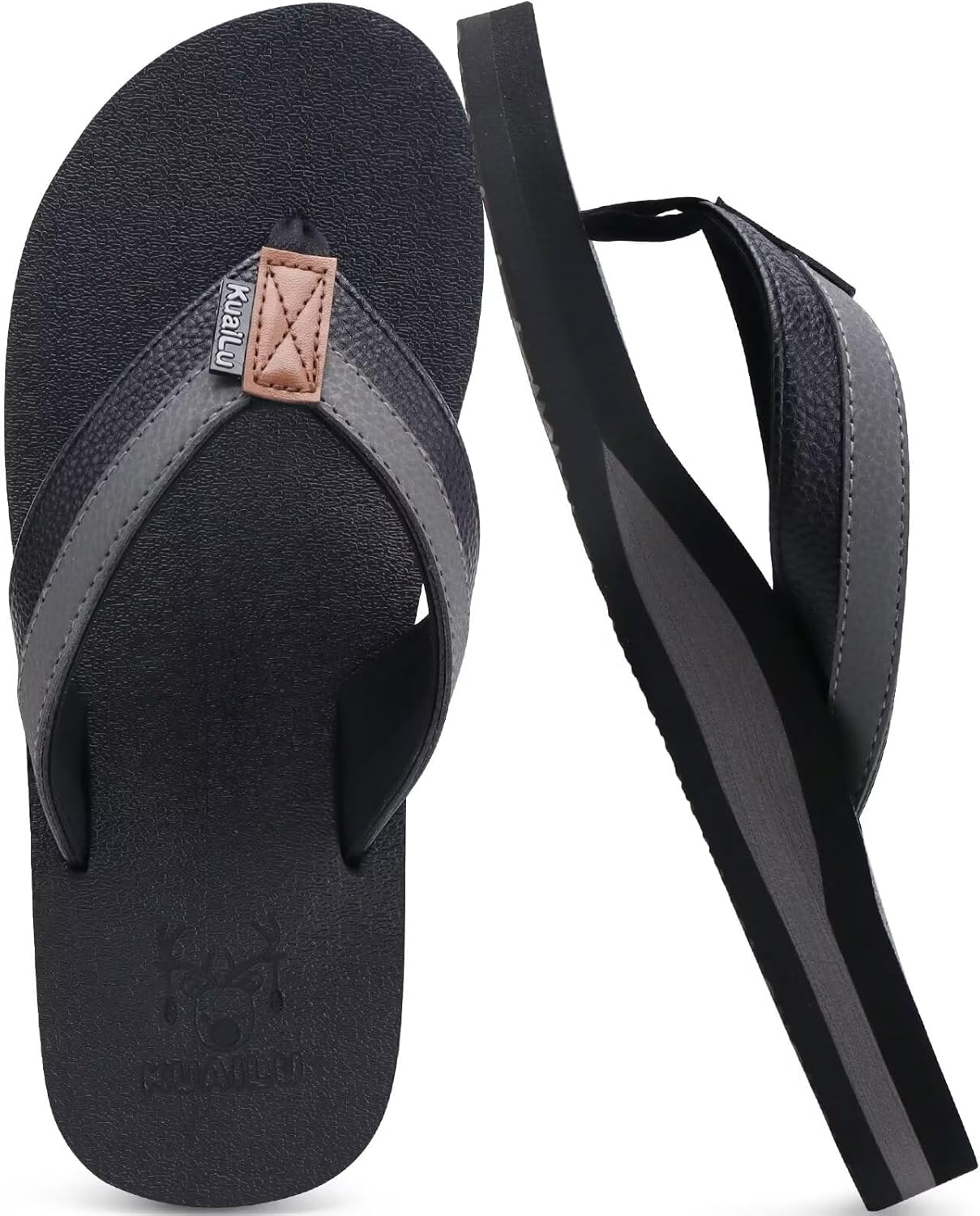 KuaiLu Men's Yoga Mat Leather Flip Flops with Arch Support Comfortable Cushion Walking Thong Sandals Slip On Indoor Outdoor