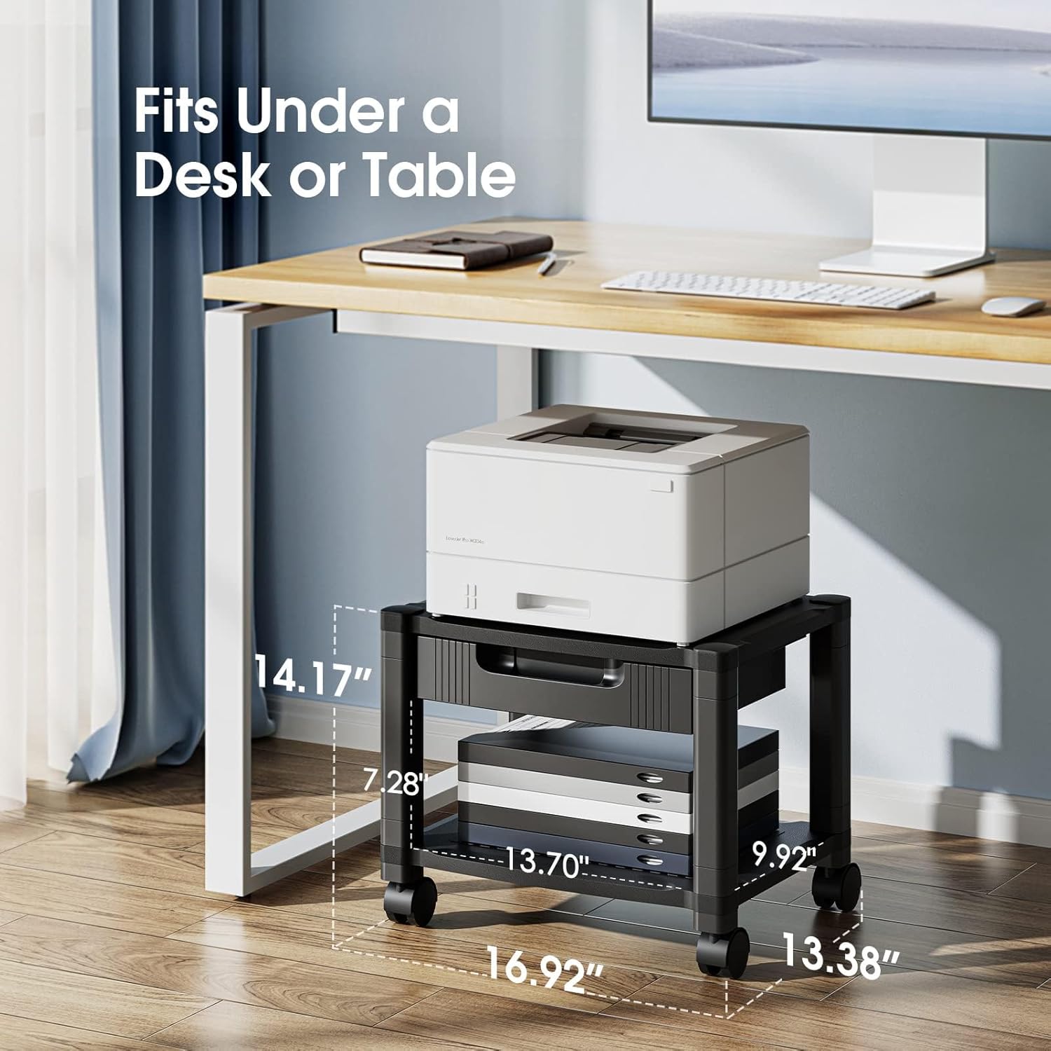 HUANUO Printer Stand with Cable Management and Storage Drawer, Printer Table with Locking Wheels, 14.1-inch Maximum Height Printer Cart for Under Desk, Home, Office, HNDPS - Image 2